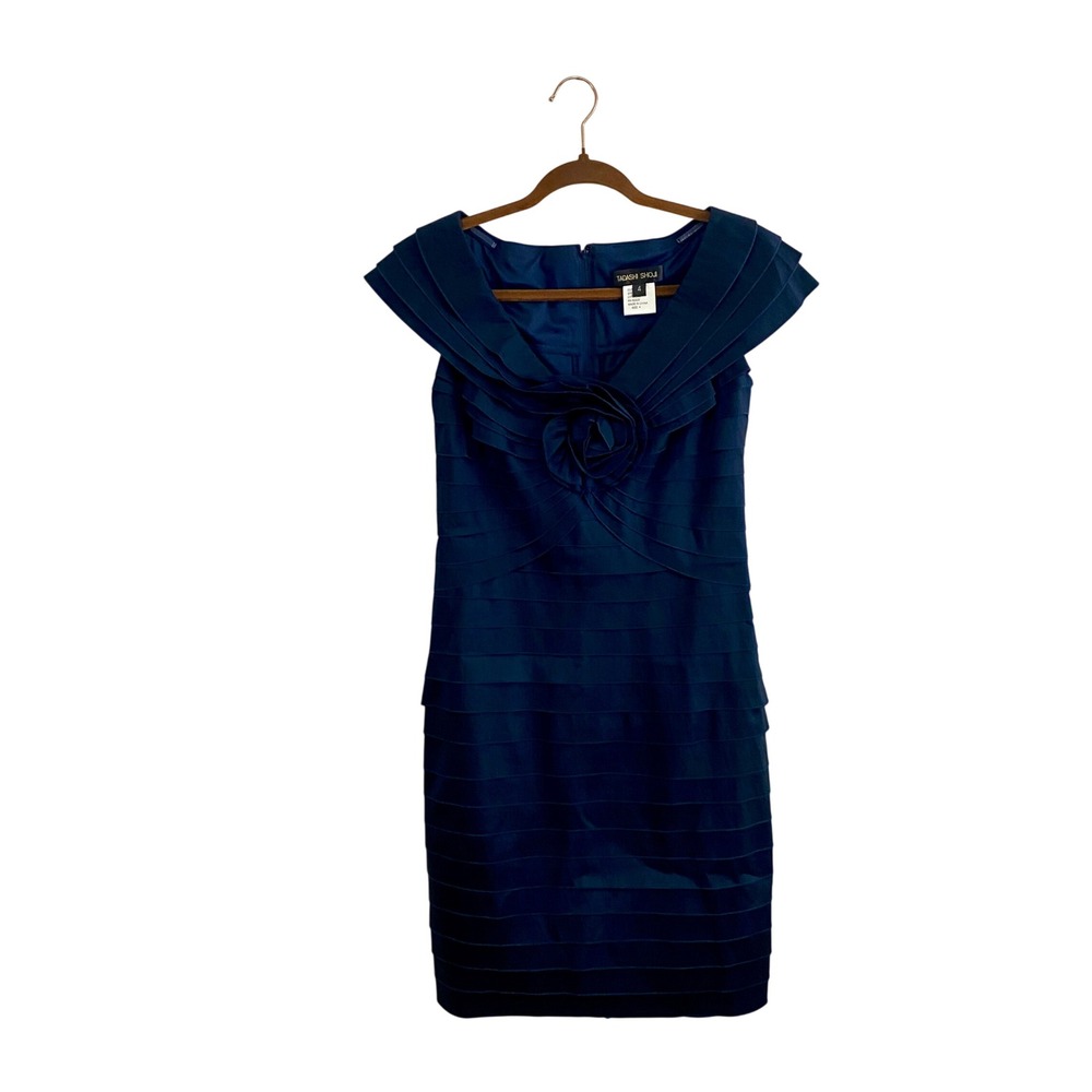 Tadashi Shoji Navy Shutter Pleated Rosette Portrait Collar Dress Size 4